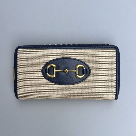 Gucci Horsebit 1955 Zip Around Wallet Navy And Beige Gold Hardware